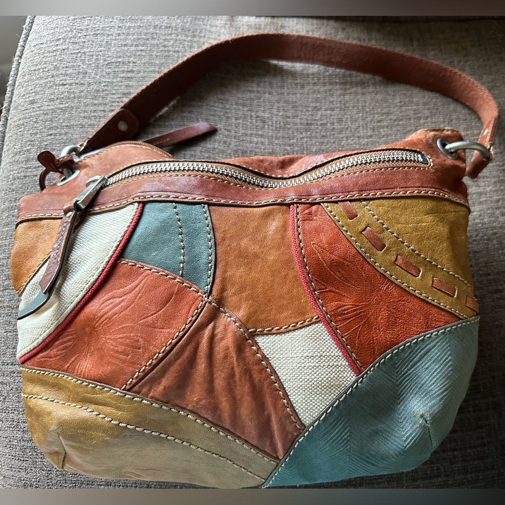 FOSSIL Leather Patchwork Shoulder Bag Crossbody Hobo Handbag Purse VINTAGE - Picture 15 of 15